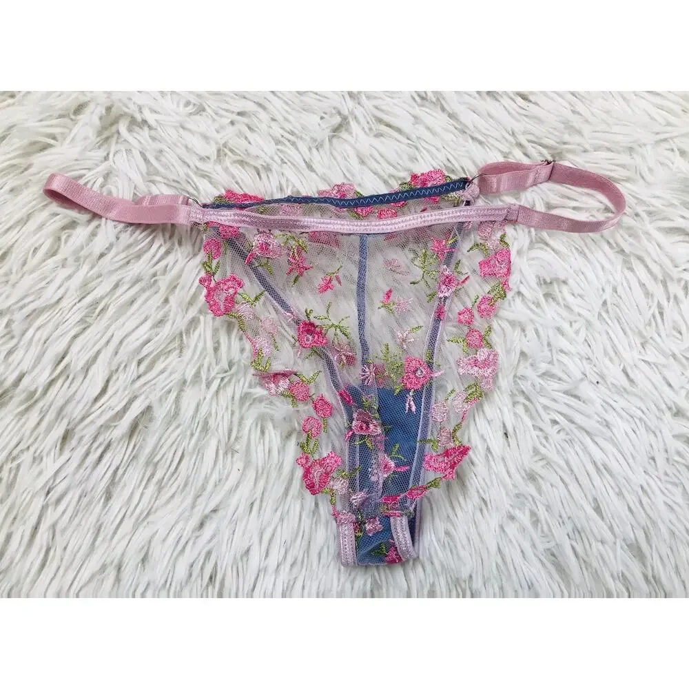 Multicolor Pink Thong Panty M MEDIUM Strappy Mesh Floral NWOT